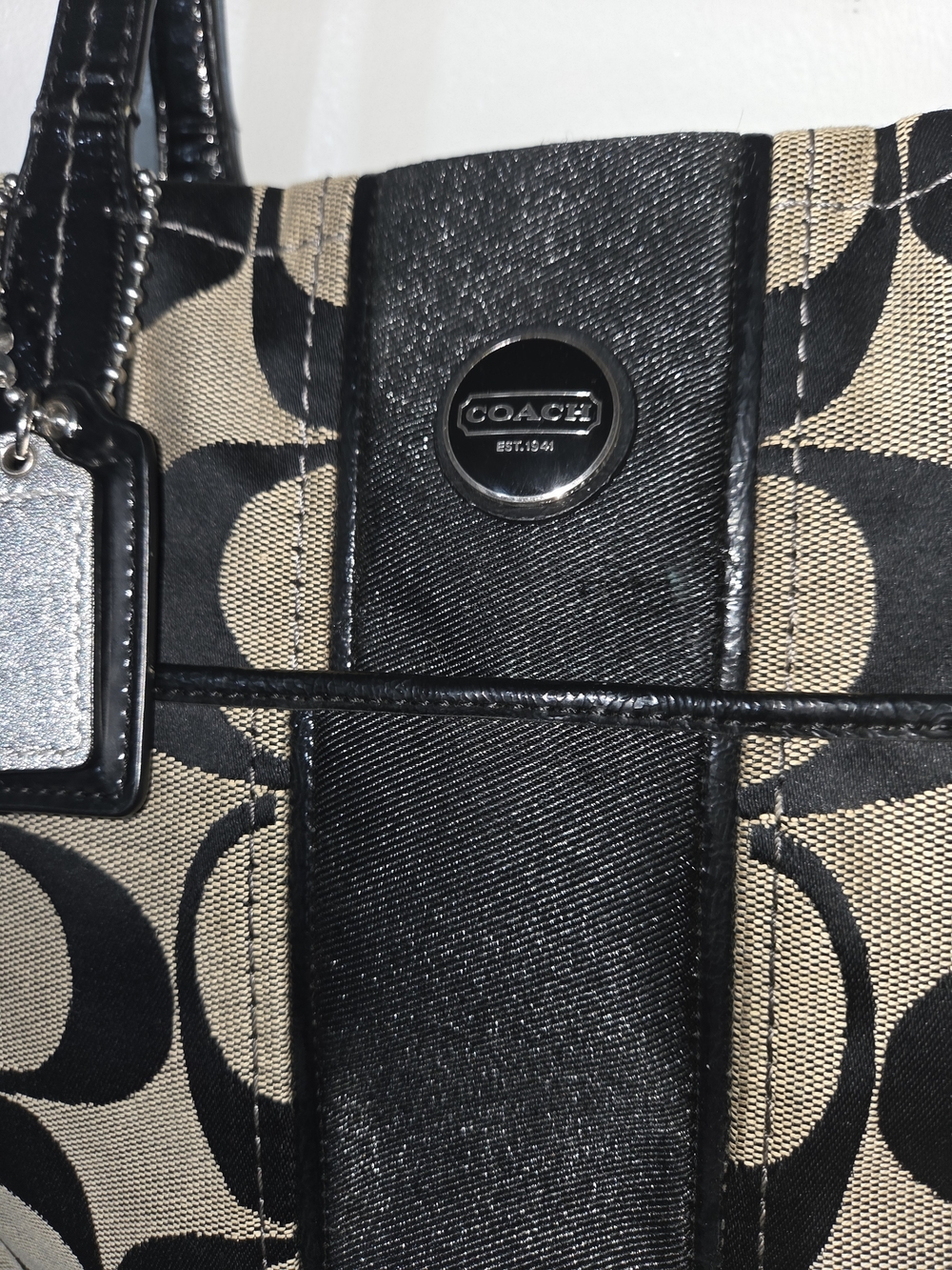 Coach Black and Tan Signature Canvas Tote - Picture 2 of 14